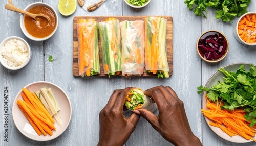 Rolling vegetable spring rolls with fresh ingredients.