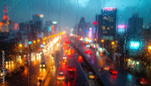 Rainy window pane overlooking blurred city traffic night lights.