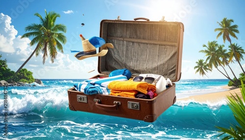 Suitcase on beach with tropical waves.