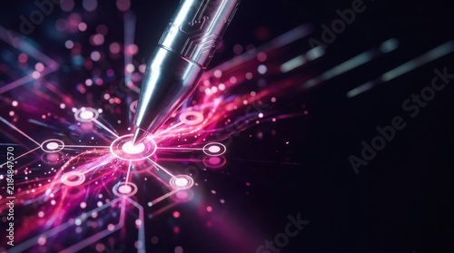 Digital stylus pen touching a glowing network node on a futuristic circuit board background