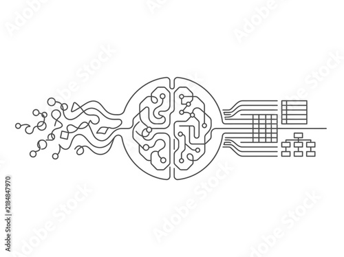 Artificial intelligence brain illustration. Neural network circuit board concept. Modern technology concept, continuous style, flat design element.