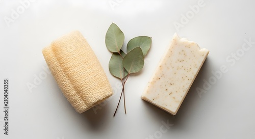 A natural loofah sponge, a bar of handmade soap, and eucalyptus leaves on a white background.
