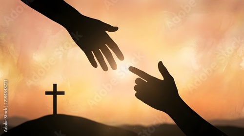 Inspiring silhouette of outstretched hands reaching towards connection under a vibrant sunset sky, with a serene cross on a distant hill, symbolizing faith, hope, and mutual support