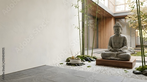 Tranquil indoor space with a seated Buddha statue, surrounded by a minimalist zen garden, lush bamboo, and smooth white stones, creating a calm and reflective ambiance