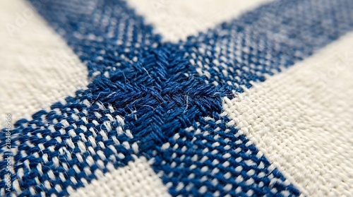Macro Close-up of Navy Blue and White Woven Fabric Texture with Interlaced Yarn Pattern