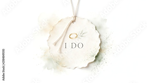 Circular handmade tag featuring painted wedding ring and twine. Stationery template concept