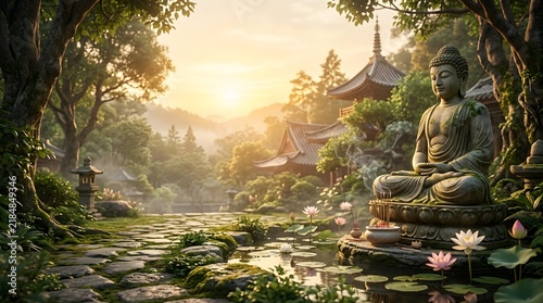 Serene Stone Buddha Statue Resting by a Tranquil Lotus Pond in a Mist-Filled Ancient Asian Temple Garden at Golden Hour