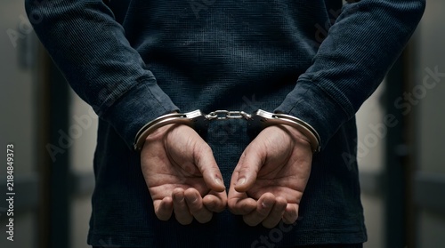 Close-up of a person's hands in handcuffs behind their back representing criminal arrest and legal custody