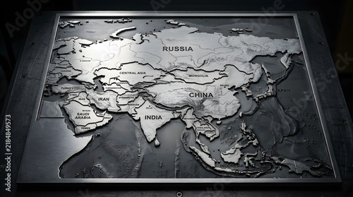 Detailed 3D Map of Asia, Including Russia, India, and Central Asian Countries
