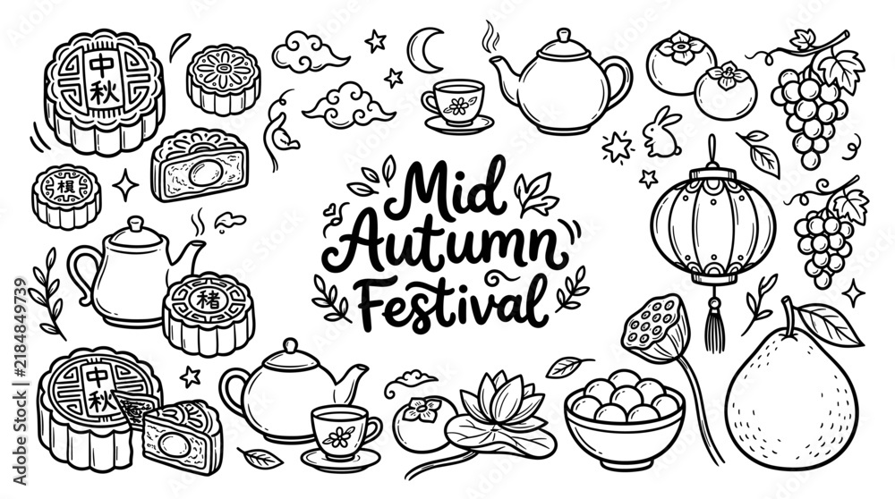 Fototapeta premium Mid Autumn Festival Doodle Set with Mooncakes and Lanterns