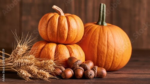 Autumn harvest of pumpkins, acorns, and wheat stalks on a wooden surface