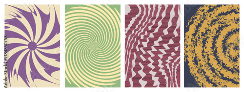 Psychedelic Retro Background Set Groovy Spiral Wavy Pattern.