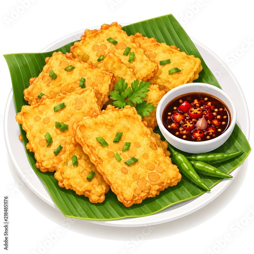 Tempe Mendoan on Banana Leaf and White Plate | Modern Flat Vector Illustration