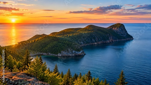 Silhouette of Sleeping Giant Landform Over Lake Superior at Sunset Landscape