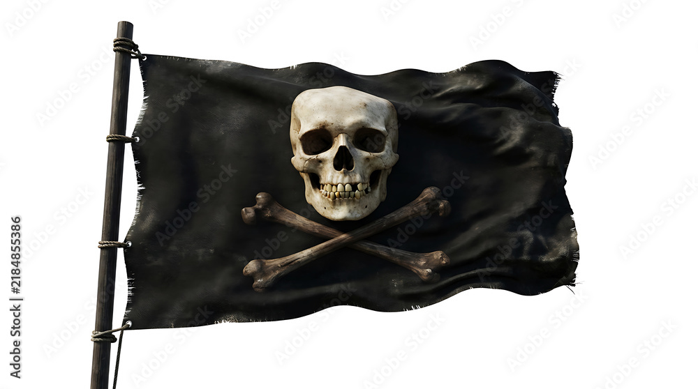 Fototapeta premium Waving black pirate flag with a skull and crossbones isolated on white background