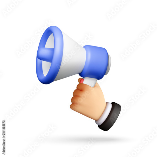 Hand holding blue megaphone on white background. 3d render illustration of loudspeaker announcement and promotion. Marketing advertising and public communication concept for business and social media.
