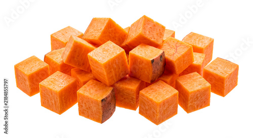 Pile of diced sweet potato cubes isolated on transparent background