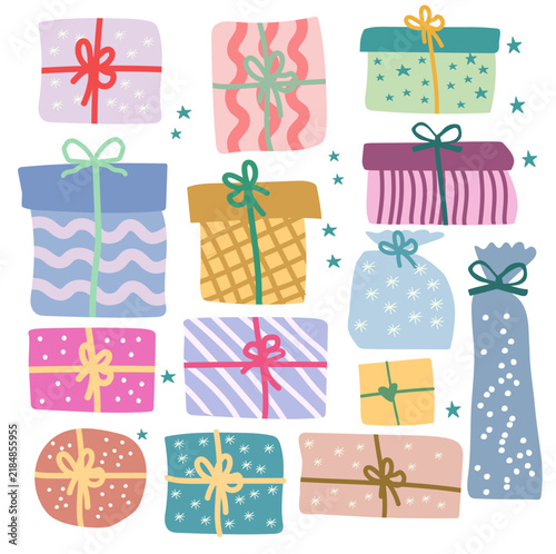 Colorful Hand Drawn Gift Boxes Collection with Ribbons and Bows on White Background, Doodle Present