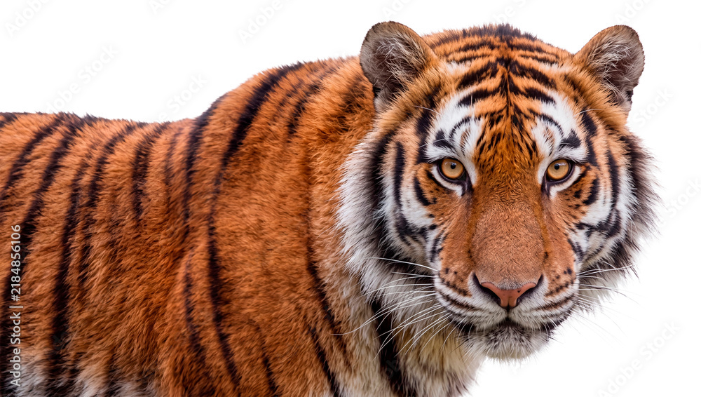 Fototapeta premium Tiger portrait with orange fur and black stripes on transparent background
