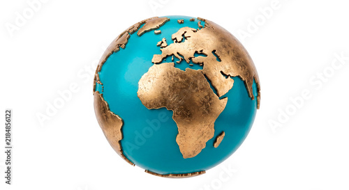 Turquoise globe with raised gold continents isolated on transparent background