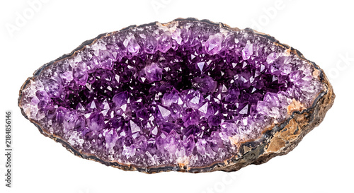 Amethyst geode with purple crystal cluster isolated on transparent background