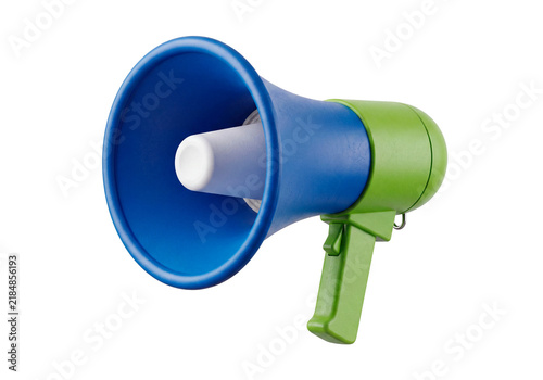 Fotografía Blue megaphone with green handle isolated on transparent background