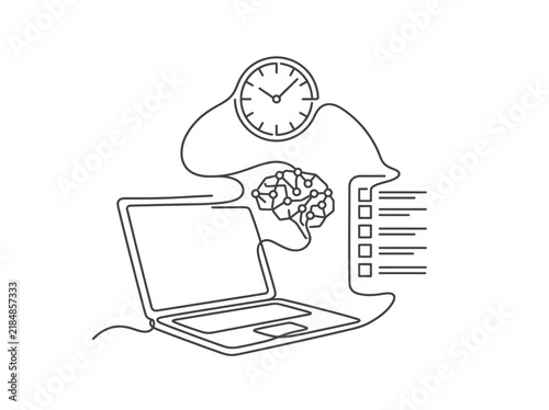 Continuous line art of laptop with brain and clock, productivity and time management concept, digital workflow vector illustration