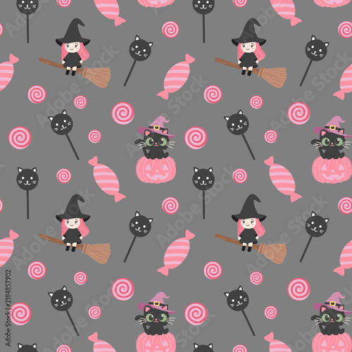 Fotografía seamless cute Halloween pattern with a witch on a broom, a black cat on a pumpki