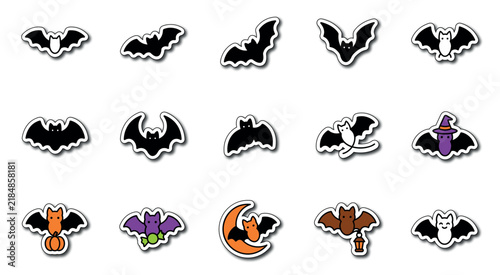 Set of cute flying bat stickers for halloween party decorations and spooky holiday graphic design