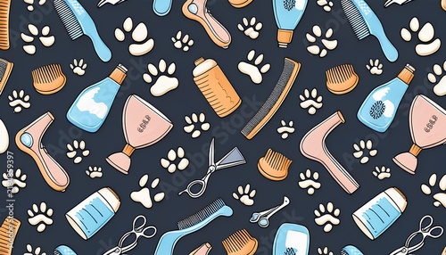seamless pattern of pet grooming accessories including hair dryers scissors combs shampoos bones and paw prints