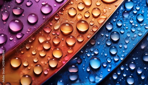 an abstract macro shot showcasing colorful textured surfaces with water droplets