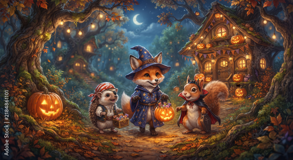 Fototapeta premium Autumn forest scene featuring woodland creatures near a cozy rustic cabin under a twilight sky with glowing pumpkins
