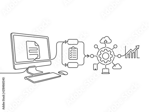 Continuous line art of business automation workflow, digital data processing on computer screen, cloud computing network vector
