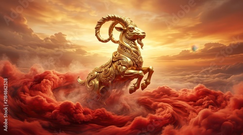 Golden Goat Sculpture Rising Majestically Above Dramatic Clouds During Sunset in an Ethereal Sky