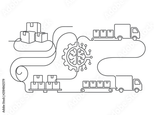 Continuous line art of smart logistics, AI supply chain management with delivery trucks and boxes, automated warehouse technology vector