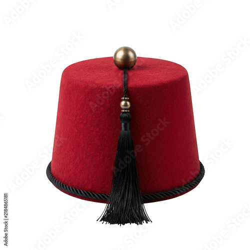 Traditional red felt fez hat with black tassel isolated on transparent background
