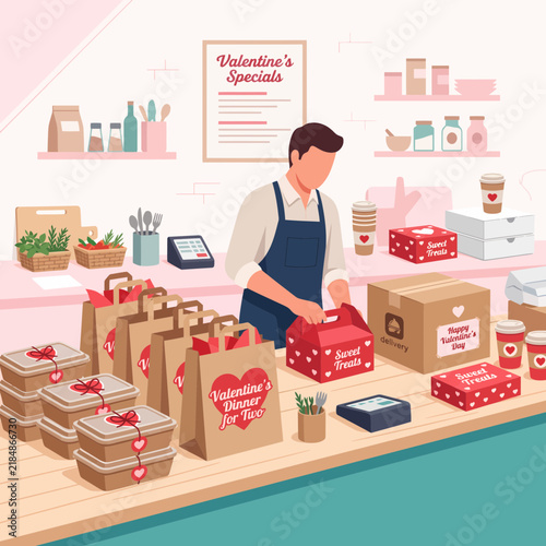 Illustration of a small business owner packing Valentine day gifts and special treats in a cozy shop