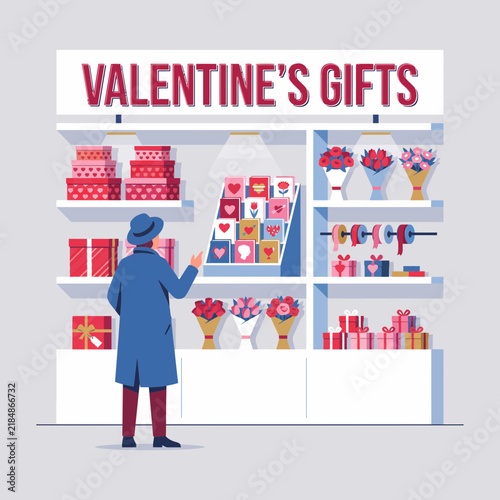 A person browsing a diverse selection of Valentine's Day gifts displayed on shelves, showcasing a romantic shopping experience