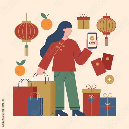 Woman Making Digital Payments for Lunar New Year Gifts and Holiday Shopping with Traditional Decorations and Festive Gift Boxes