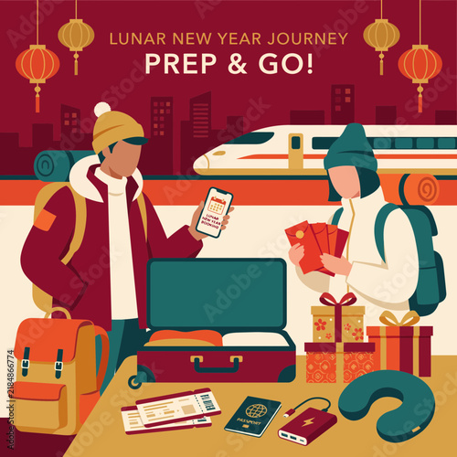 Couple packing suitcase and preparing for spring festival travel with train in background flat vector illustration