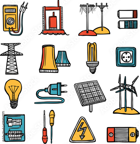Electricity, Power and Renewable Energy Doodle Vector Icon Set