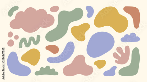 Abstract organic shapes set in pastel colors, modern fluid blobs and doodle elements