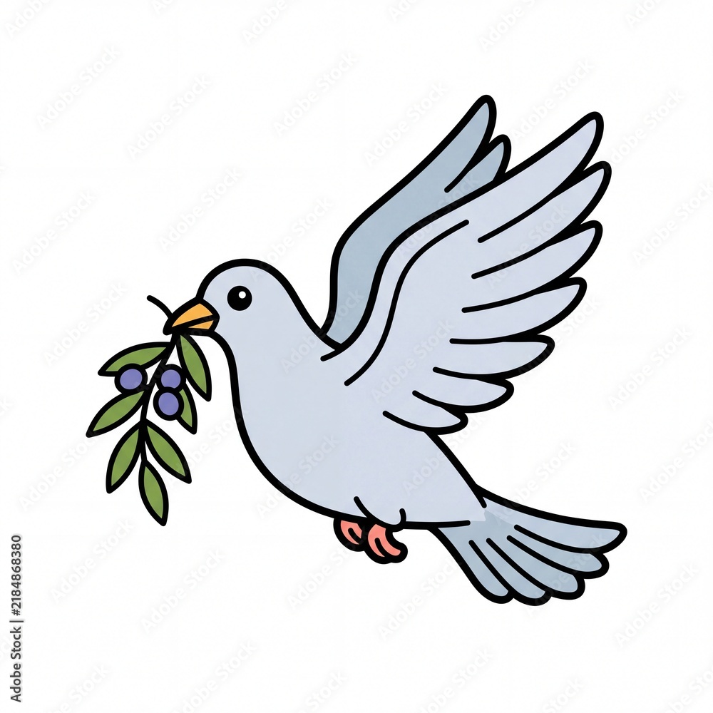 Fototapeta premium Peace dove carrying olive branch as symbol of hope and goodwill, simple cartoon illustration