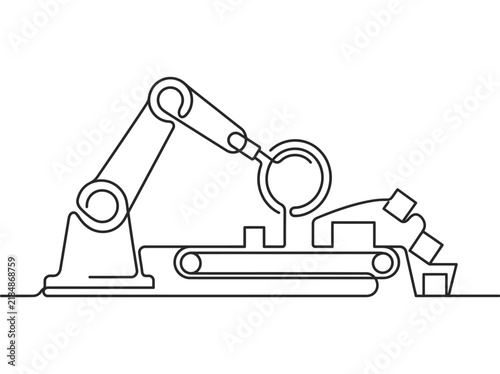 Industrial robotic arm continuous line drawing, automated factory assembly line vector, minimalist manufacturing technology illustration