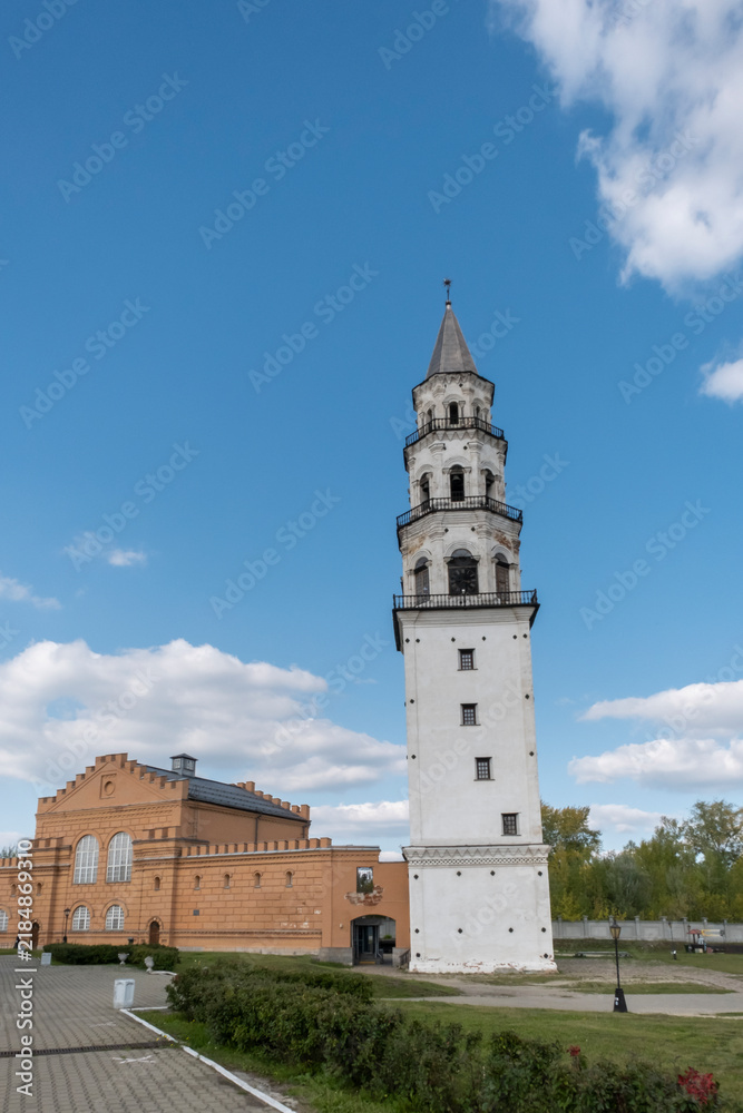 Fototapeta premium Nevyansk or Demidov Tower is a famous leaning stone tower of the first quarter of the 18th century, built by order of the industrialist Akinfiy Demidov in Nevyansk, Sverdlovsk Oblast.