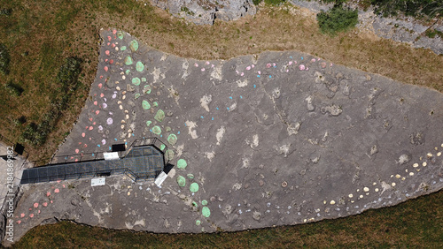 Aerial view of the fossilized dinosaur tracks at Les dinosaures de Loulle, featuring footprints highlighted with paint and a metal observation platform, Loulle, Bourgogne-Franche-Comte, France.