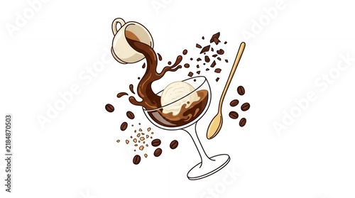 Delicious Coffee Affogato Dessert with Espresso Splash Pouring over Vanilla Ice Cream and Chocolate Shavings
