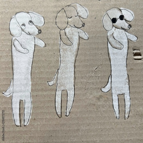 three white dogs and cardboard texture, dachshund illustration, paper background material