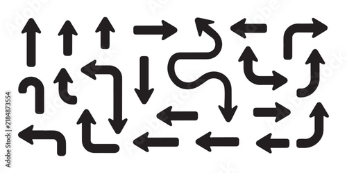 Curved black path arrow indicators set for creative process flowcharts and complex navigation layout.