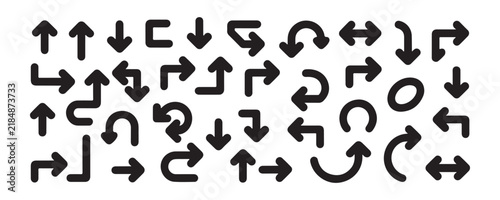Set of minimalist black arrows and navigation signs isolated on transparent background for ui design.